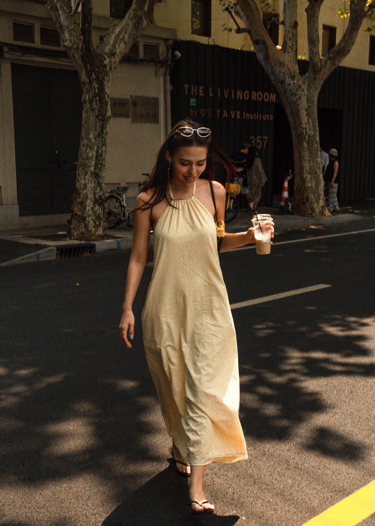 Girls date halter maxi dress in butter yellow