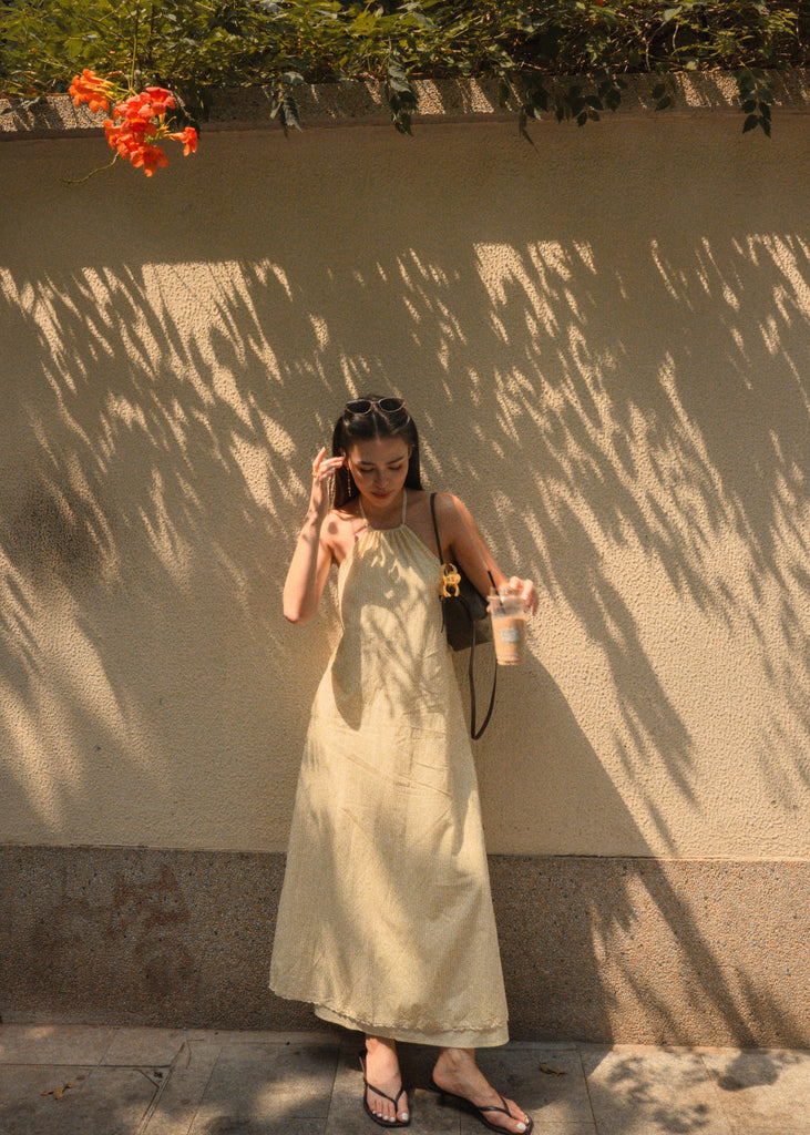 Girls date halter maxi dress in butter yellow