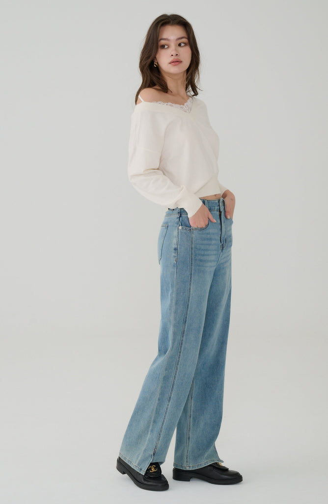 Double lined side split jeans