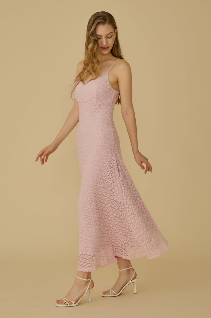 Special made floral elastic lace maxi dress in pink