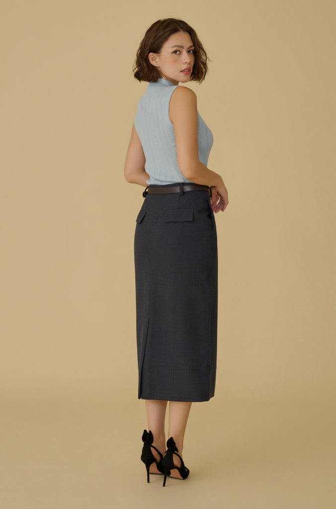 Finest look Wool blend midi skirt with belt in grey