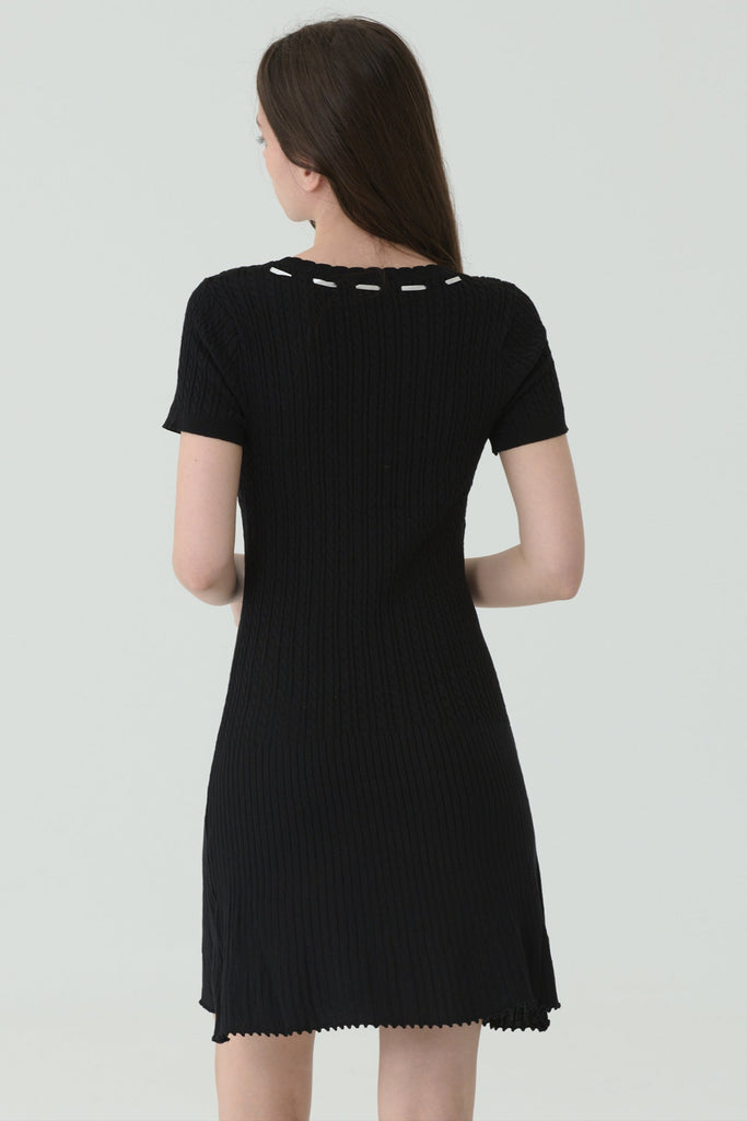 Sweet bow-strap knit mini dress in black