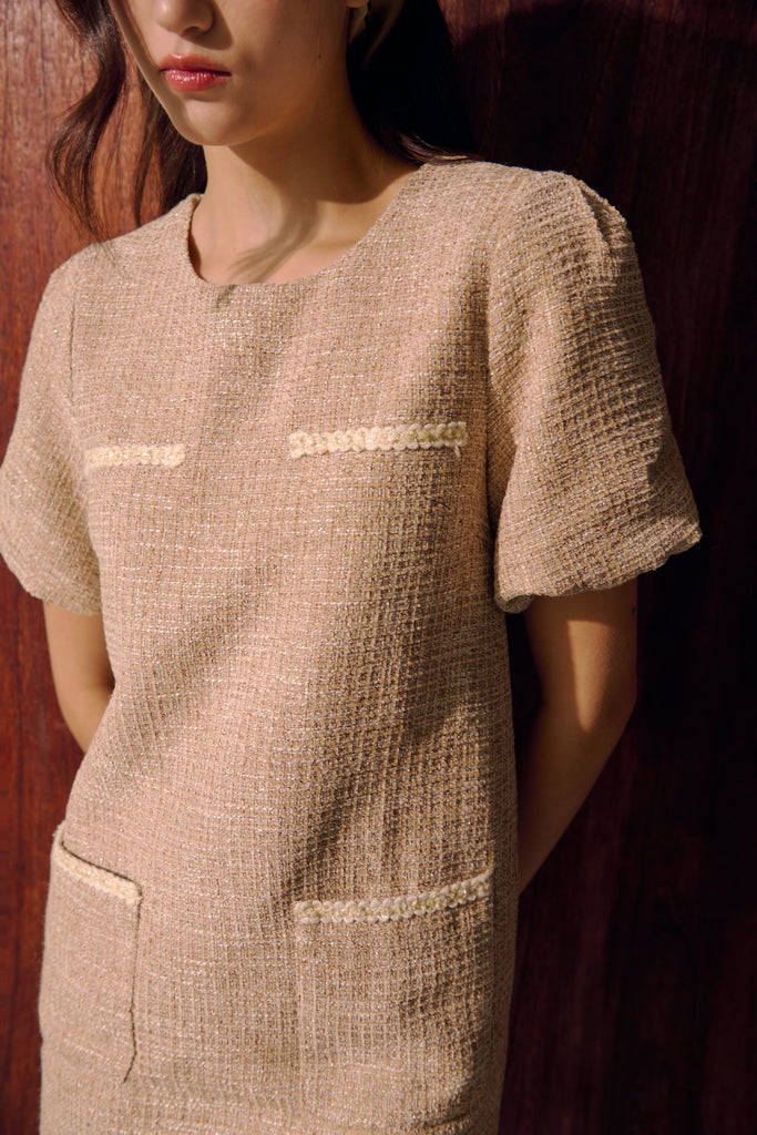 Vivienne puffy sleeves tweed dress in khaki