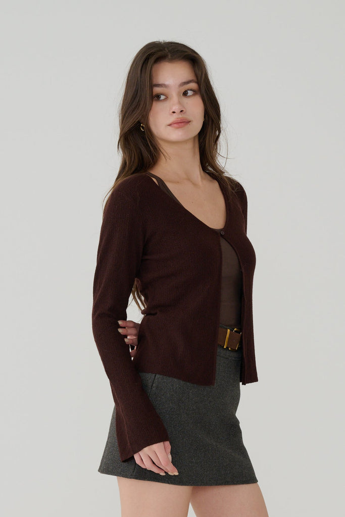 One button cardigan knit top in Brown