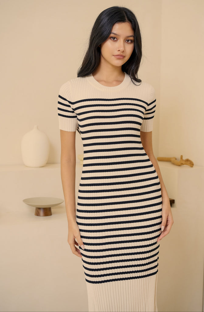 New women stripe knit dress in white