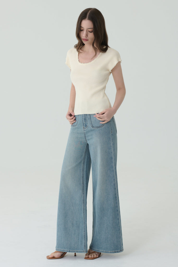 Trim knit top (pearl sleeves)