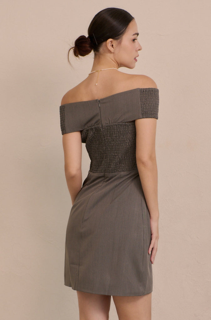 Aurora ribbon off shoulder mini dress in grey