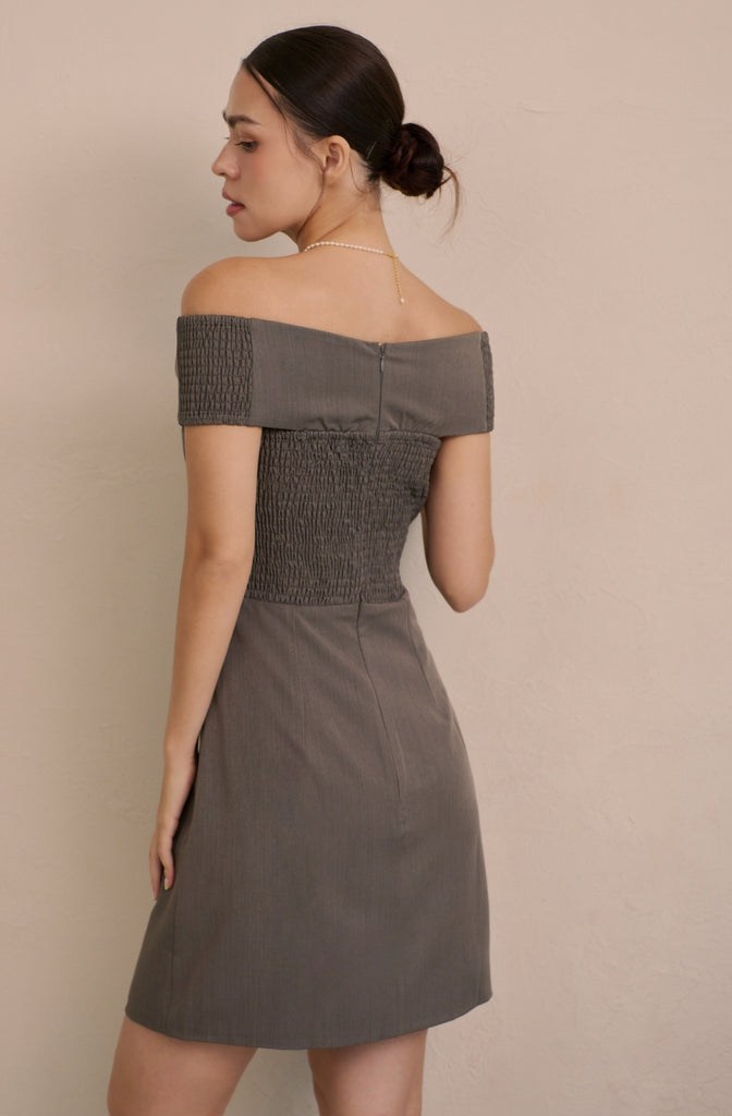 Aurora ribbon off shoulder mini dress in grey