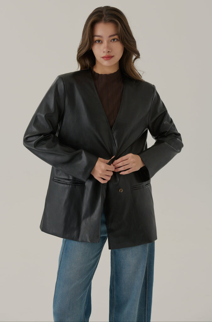 West village collarless faux leather jacket