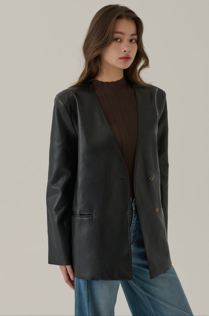 West village collarless faux leather jacket