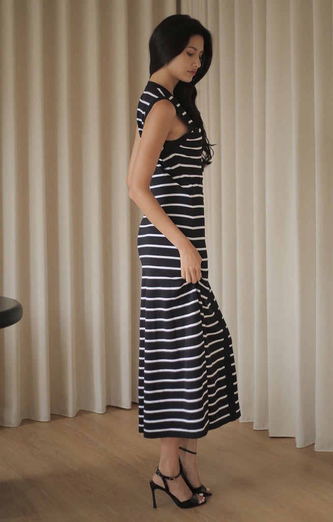 Maria stripe knit midi dress in black