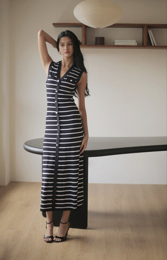 Maria stripe knit midi dress in black