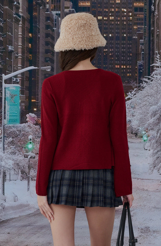 One button cardigan knit top in Black/Red/Grey