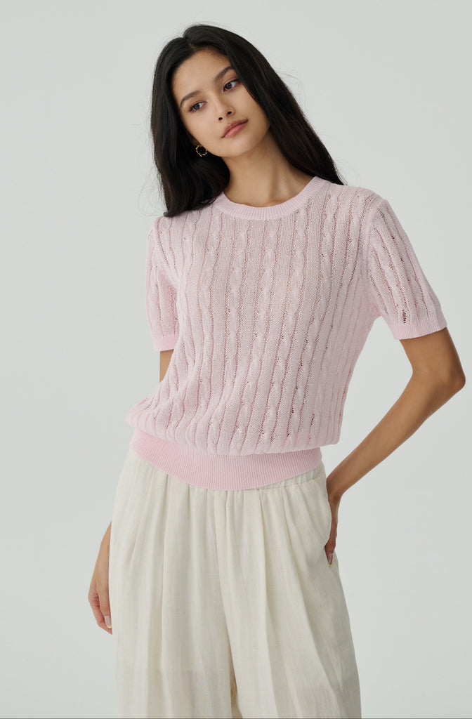 New life cooling knit cable sweater in pink