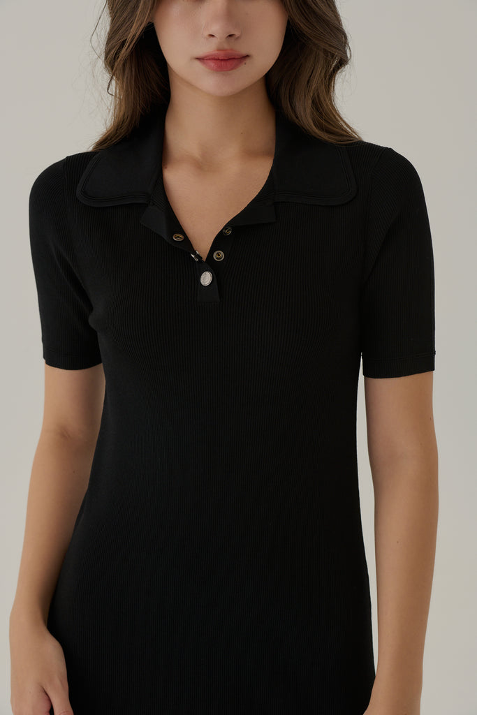 Campus polo knit dress in black