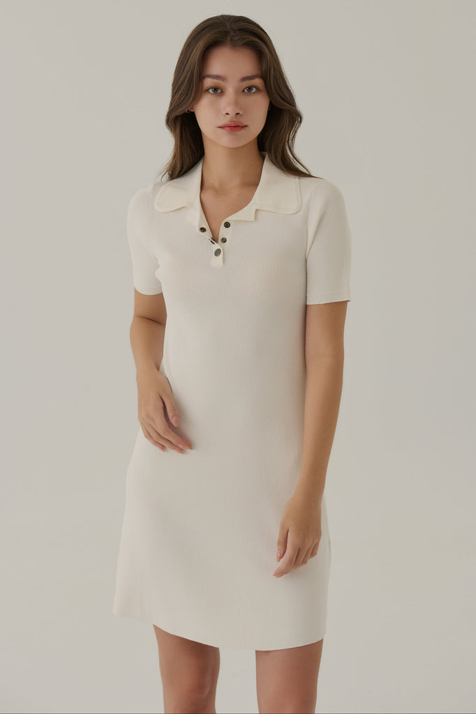 Campus polo knit dress in white