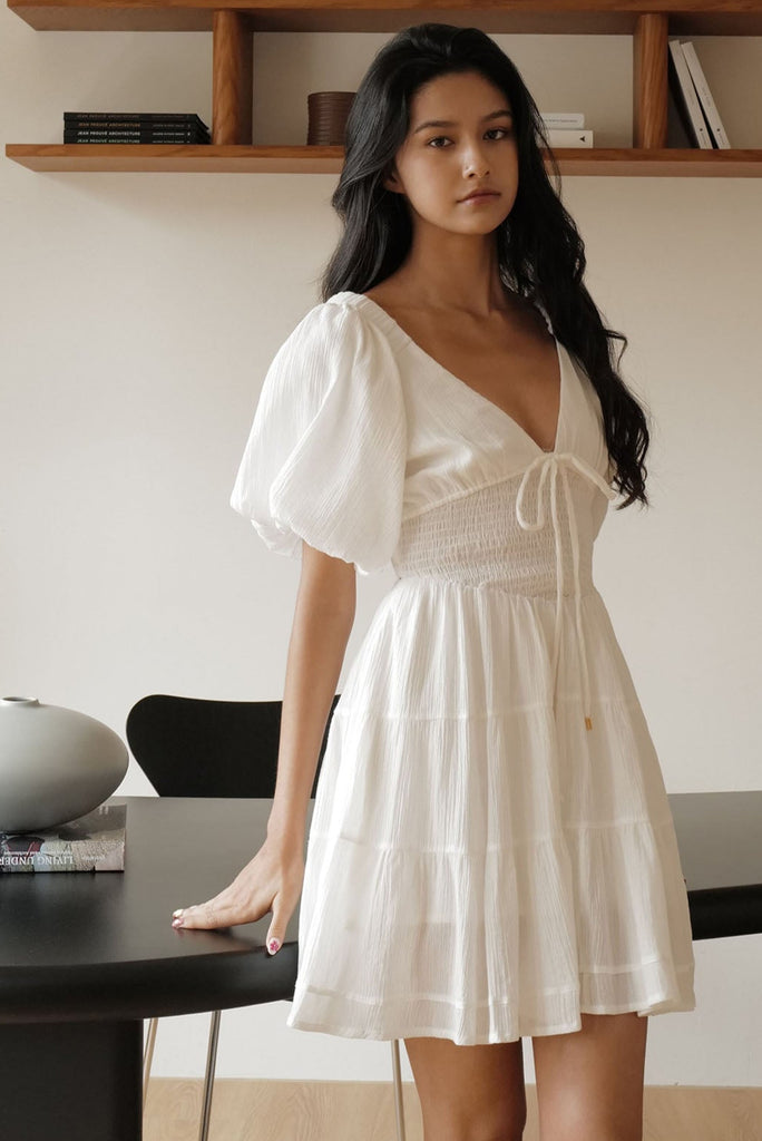 Holiday puff sleeve linen dress in white