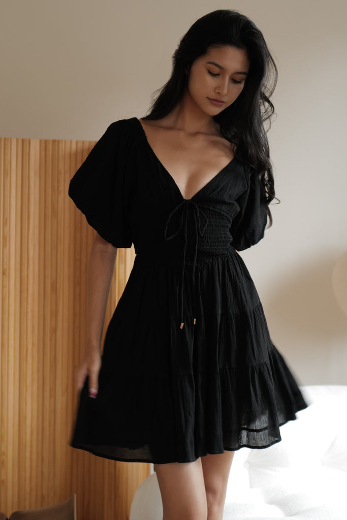 Holiday puff sleeve linen dress in black