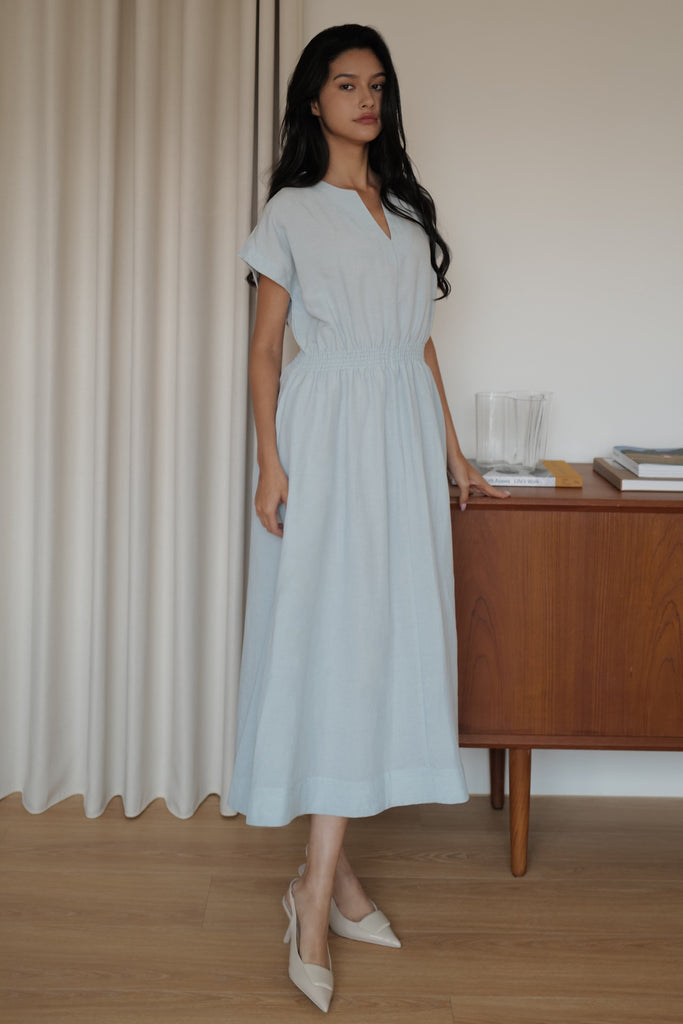 Camille elastic waist linen dress in sky blue