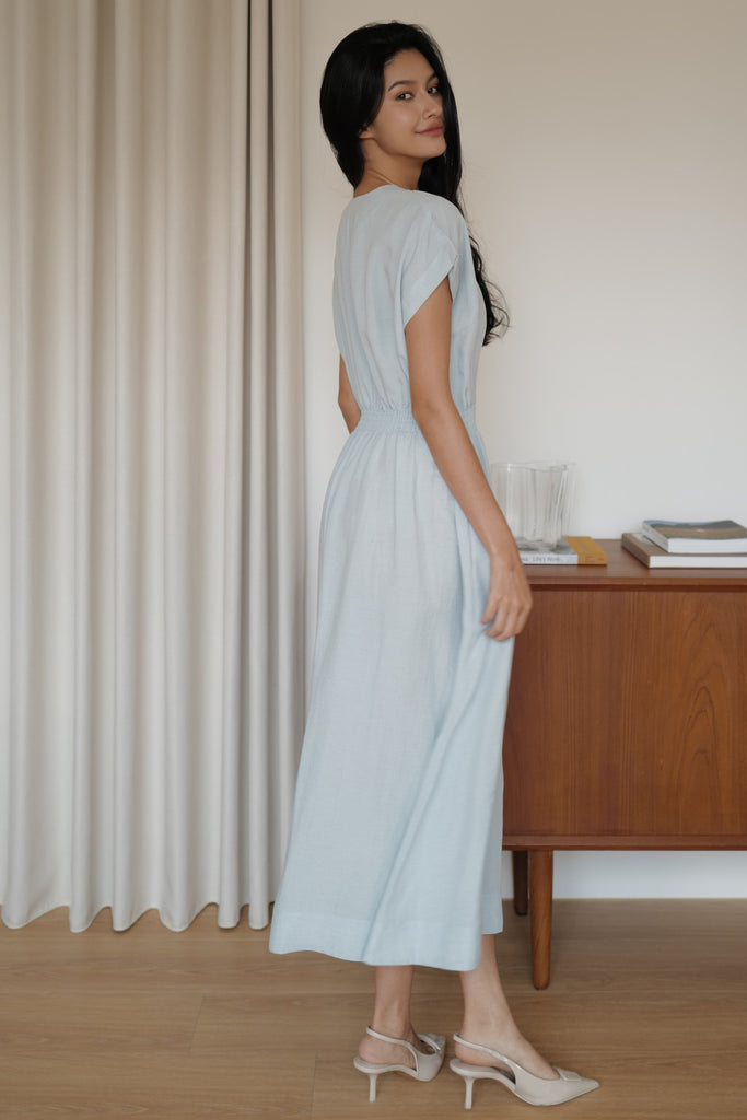 Camille elastic waist linen dress in sky blue