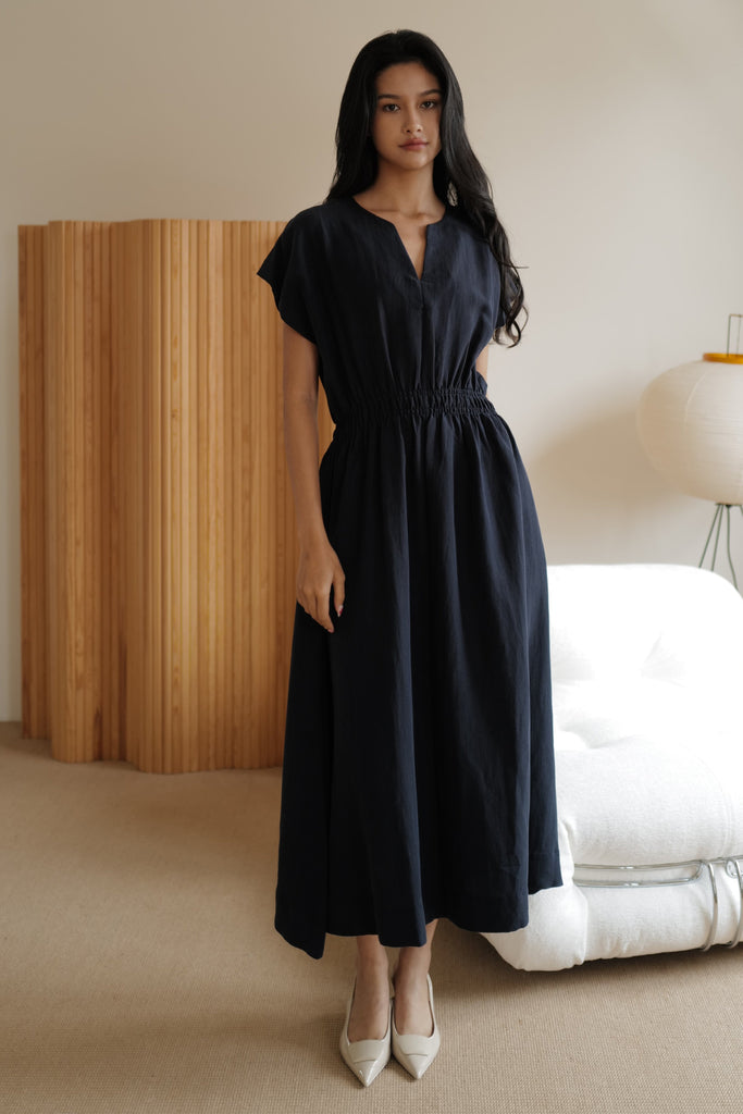 Camille elastic waist linen dress in navy blue