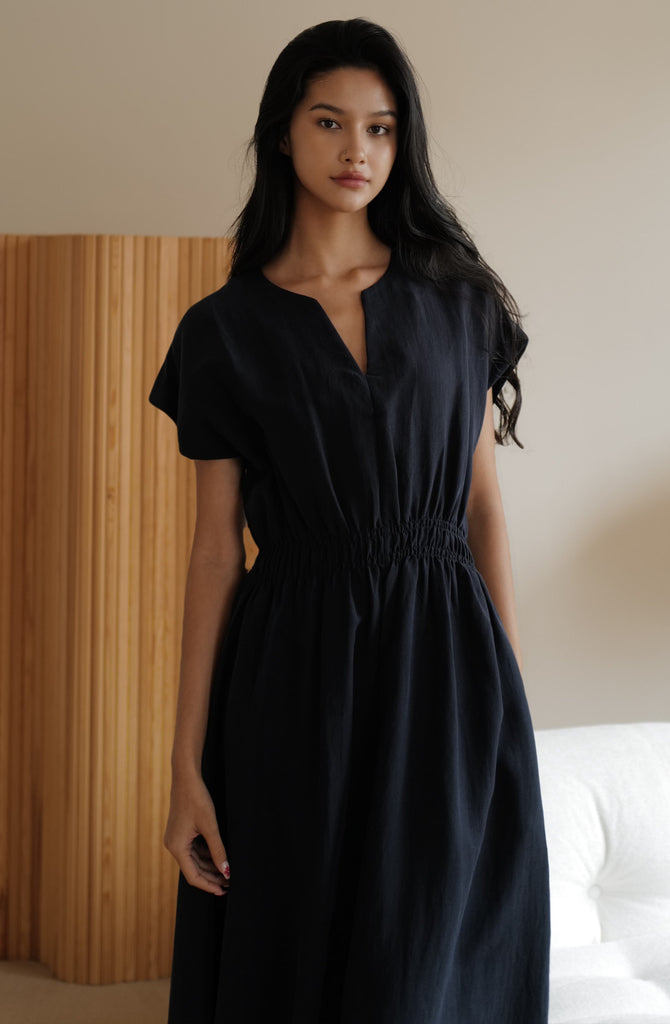 Camille elastic waist linen dress in navy blue