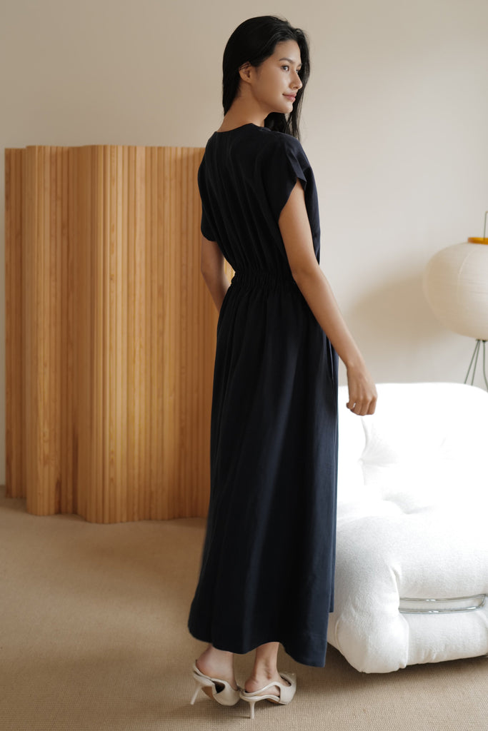 Camille elastic waist linen dress in navy blue