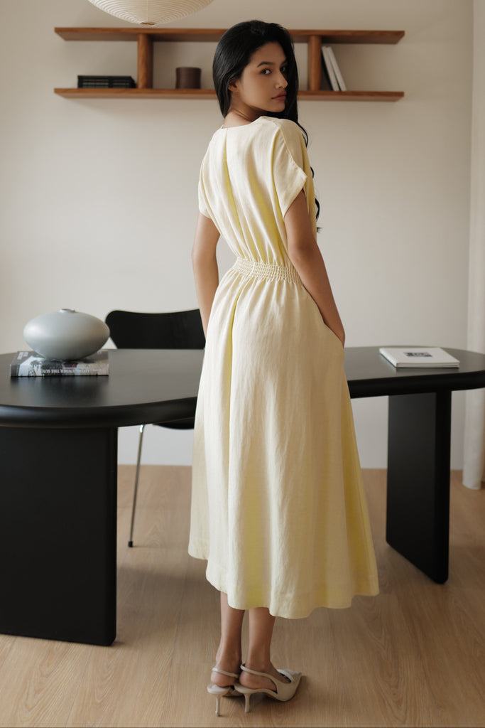 Camille elastic waist linen dress in butter yellow