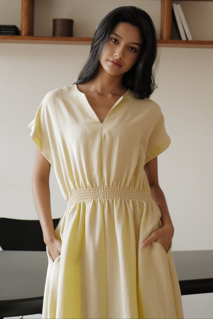 Camille elastic waist linen dress in butter yellow