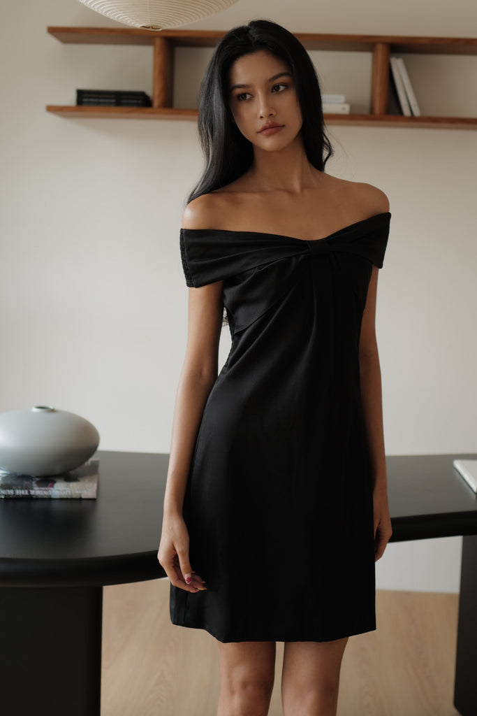 Aurora ribbon off shoulder mini dress in black