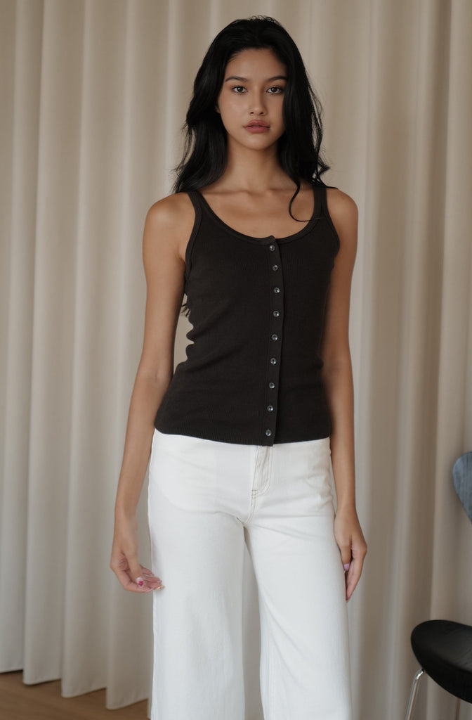 Buttoned ribbed knit tank in charcoal grey