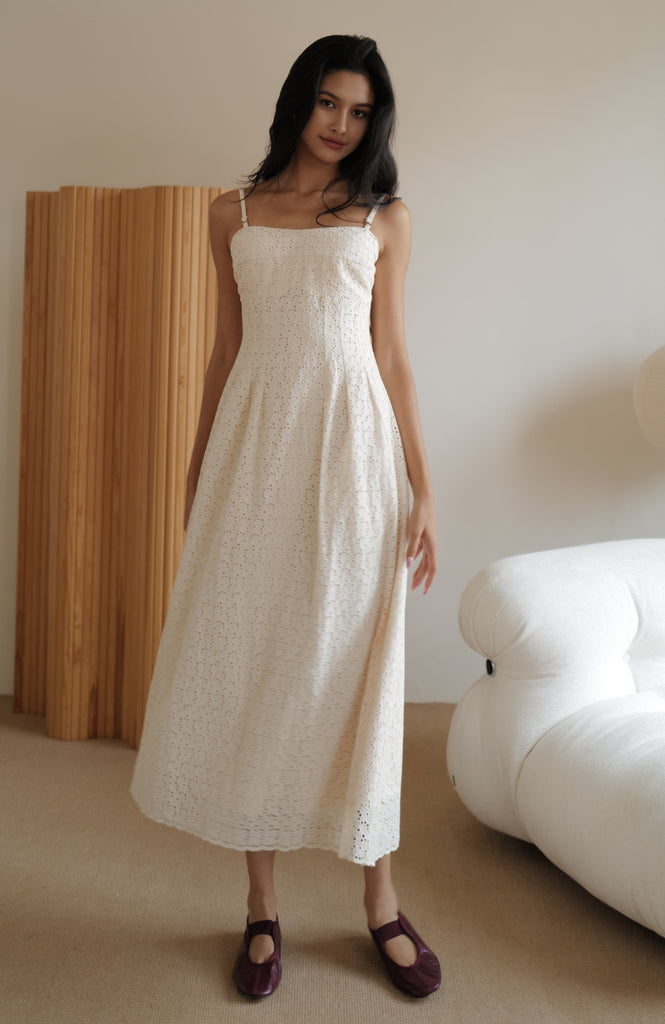 Cream floral hollow lace dress