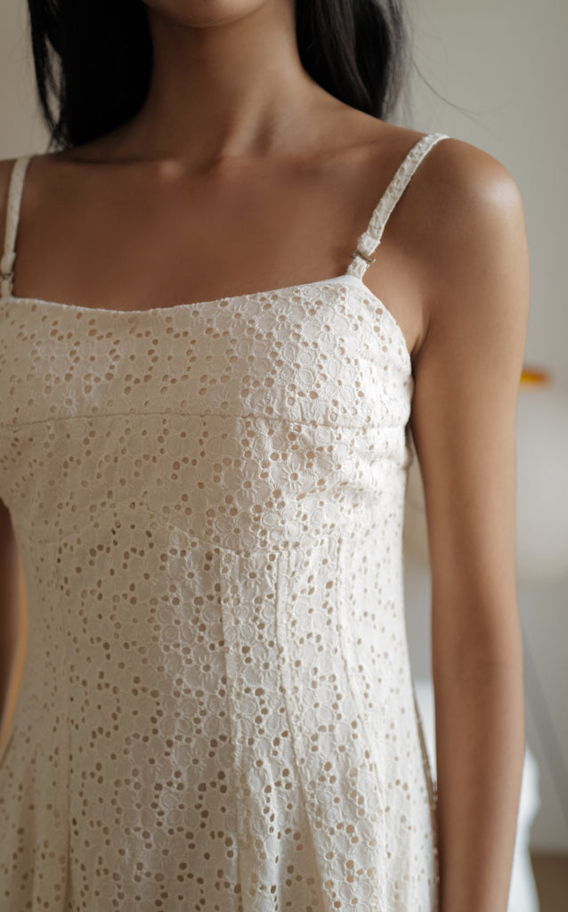 Cream floral hollow lace dress