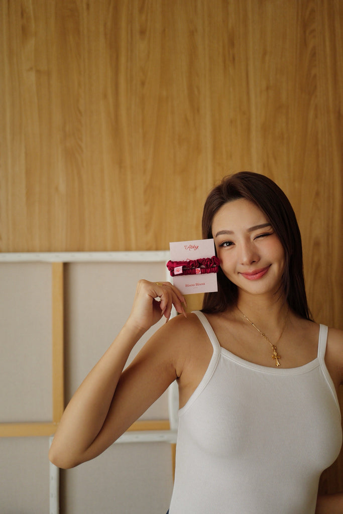 [Only you♥️] 愛心布標粗版蠶絲100%髮圈 （兩入組）