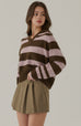 Fall vibe stripes polo knit top in brown