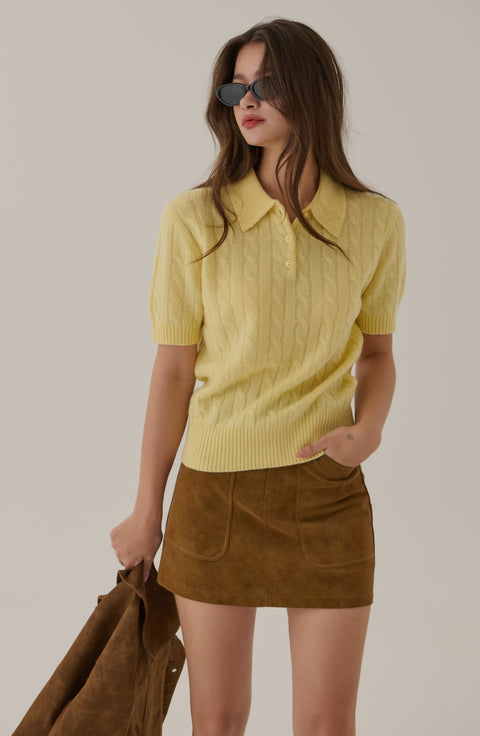 Vintage knit 100% wool polo top in butter yellow