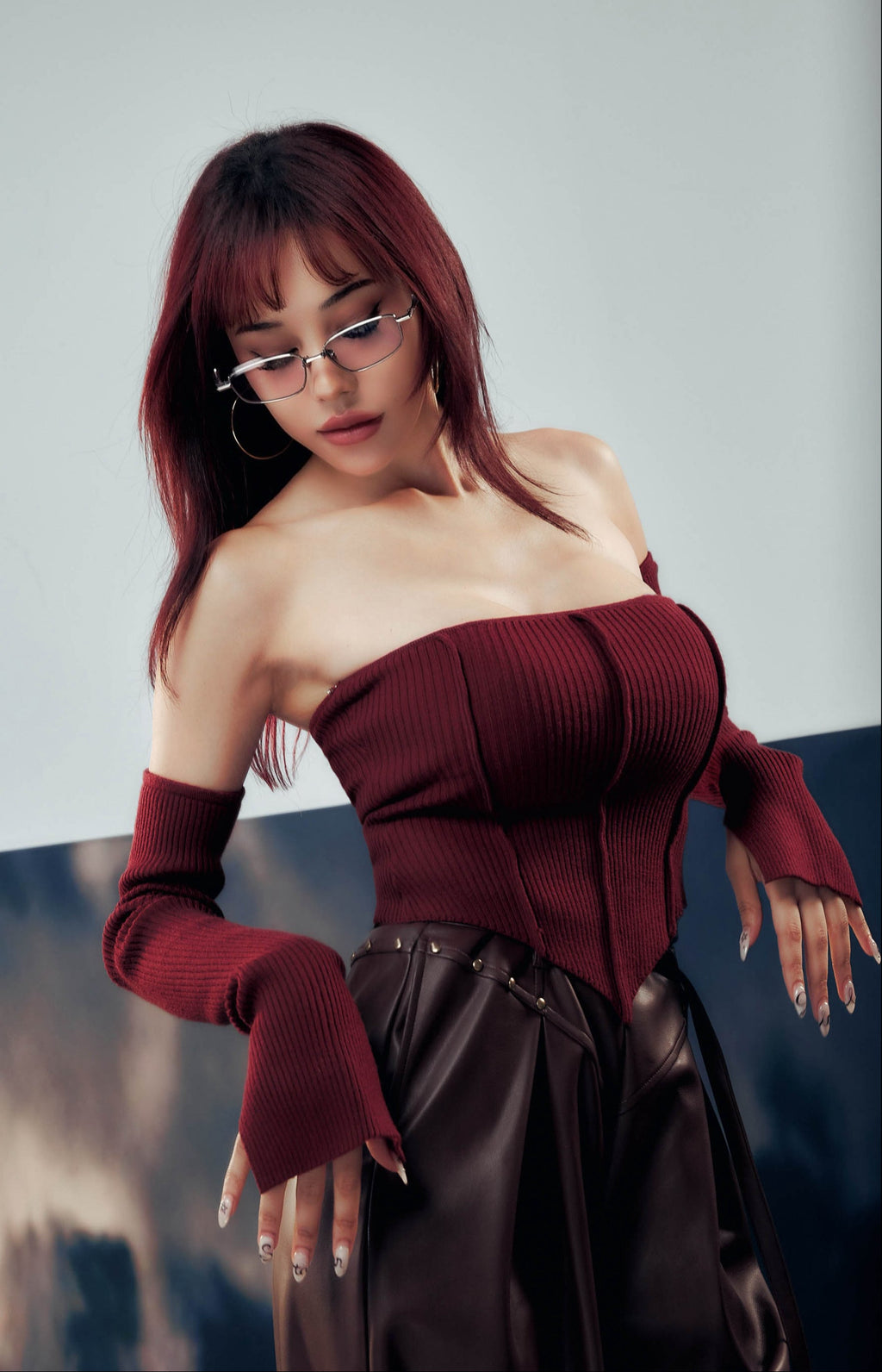 Midori x BisouBisou Gyaru Knitted Bra Top With Sleeves in red