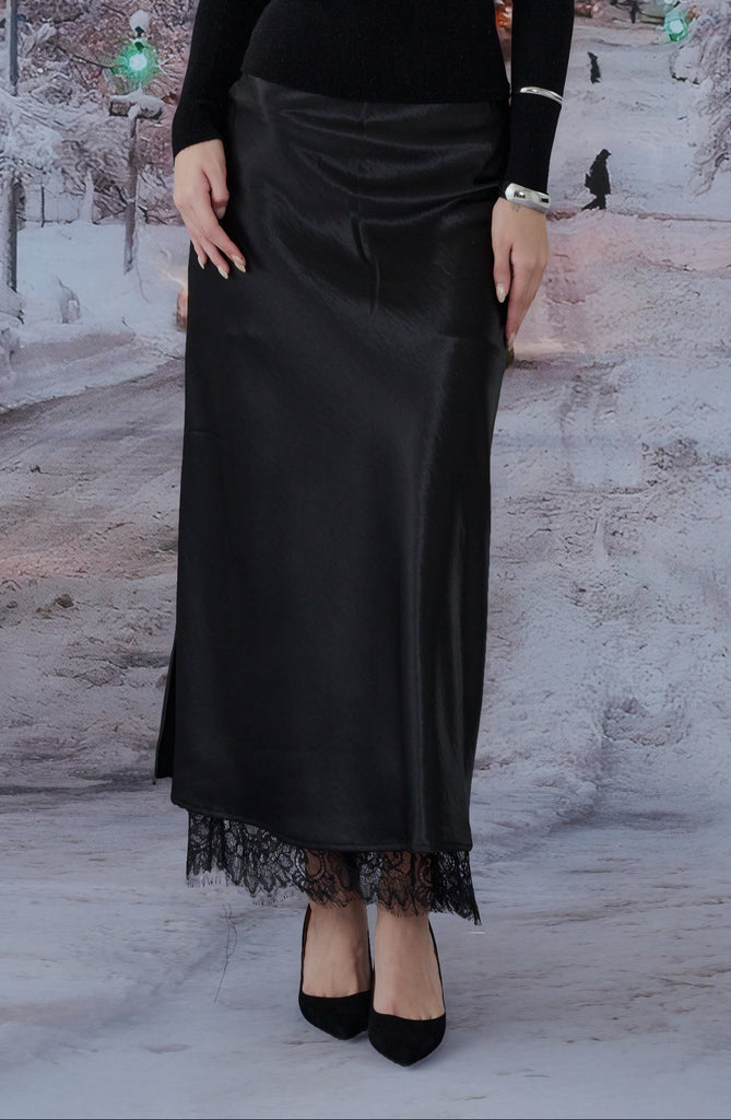 Ball gown lace layer satin skirt in black/brown