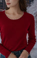 Pearl-Collar Knit Top Long Sleeves in Red