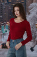 Pearl-Collar Knit Top Long Sleeves in Red