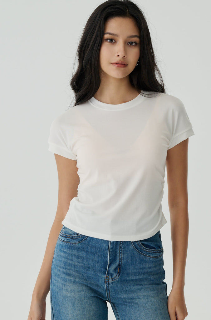 Side ruching elastic top in white
