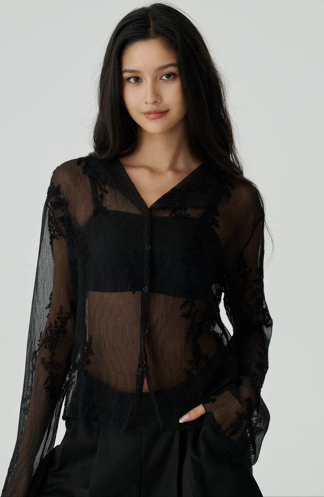 Embroidery lace top in black
