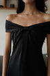 Aurora ribbon off shoulder mini dress in black/grey